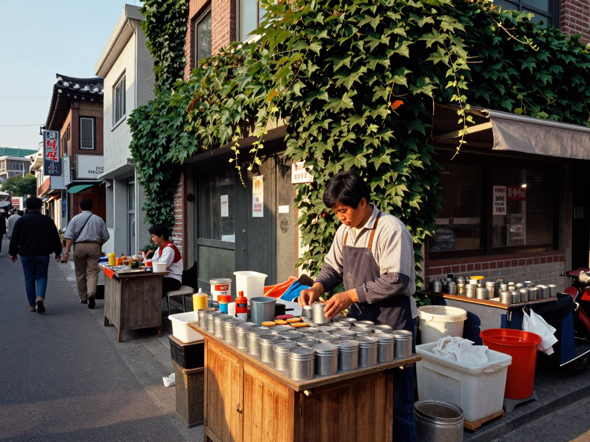 1980s Seoul Street Scene with Spice Tins and Ivy on Brick Wall in in Seoul, South Korea