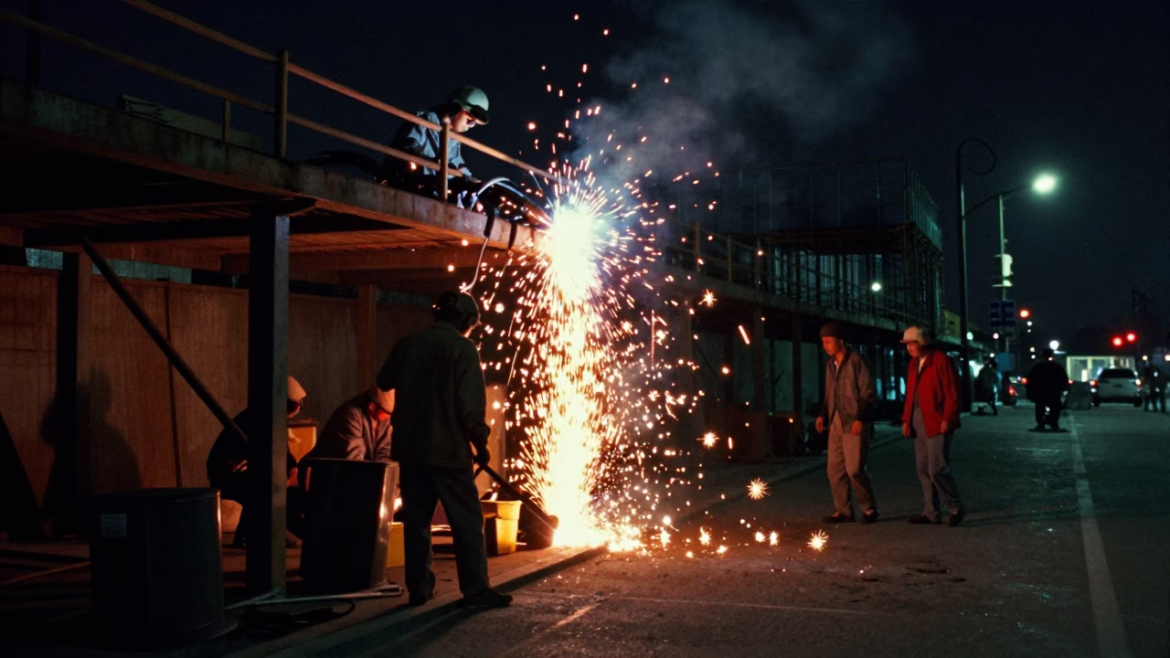 1980s Shanghai Night Street Scene with Welding Sparks Beneath Bridge Construction Platform in in Shanghai, China