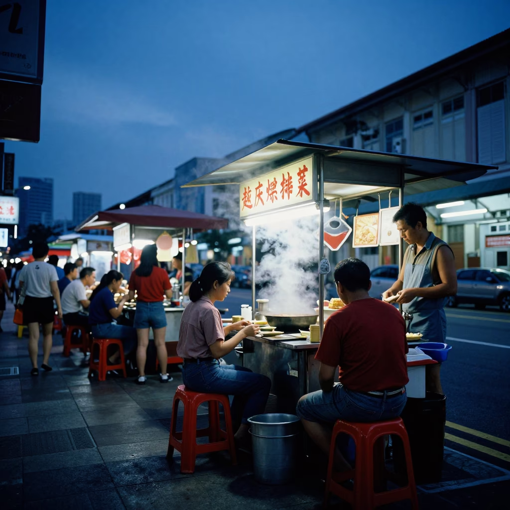 1980s Singapore evening street scene with hawker center food stall and blue twilight in in Singapore, Singapore