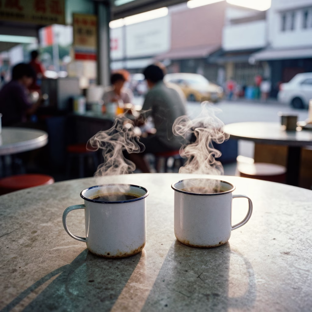 1980s Singapore Street Scene with Camp Mugs and Morning Coffee in in Singapore, Singapore
