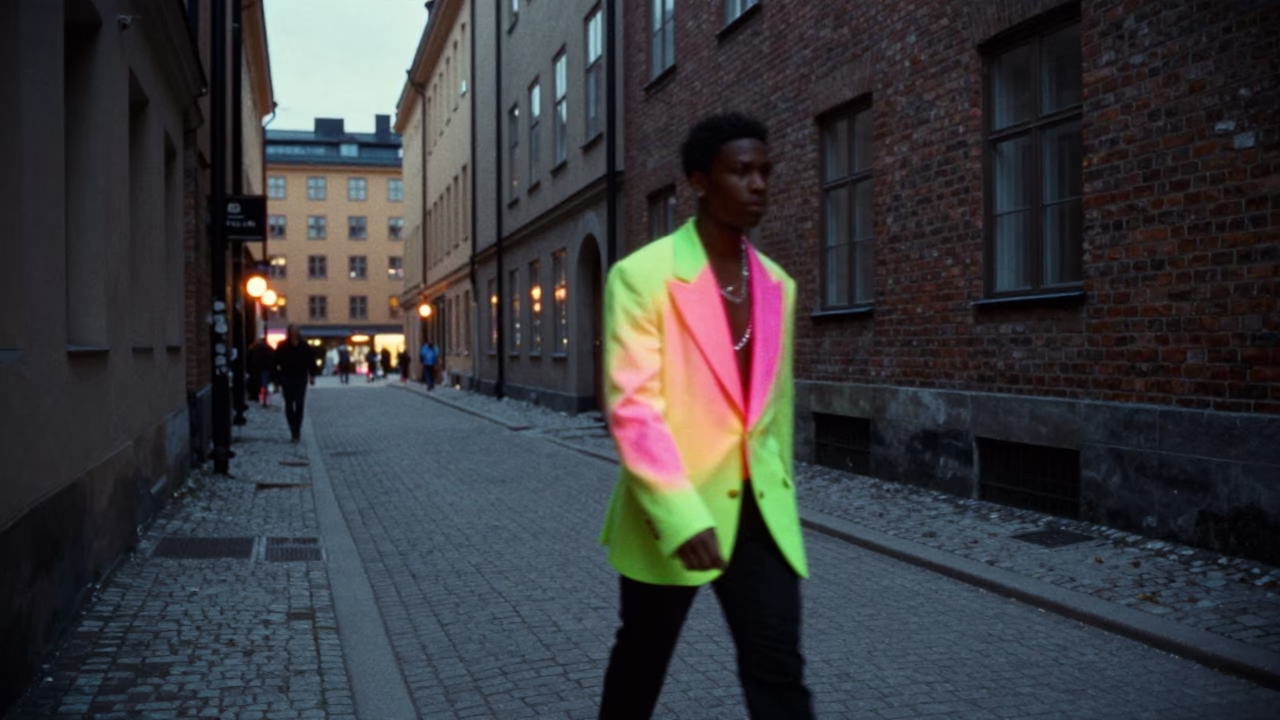 1980s Stockholm Street Fashion Neon Reflections at Dusk in in Stockholm, Sweden