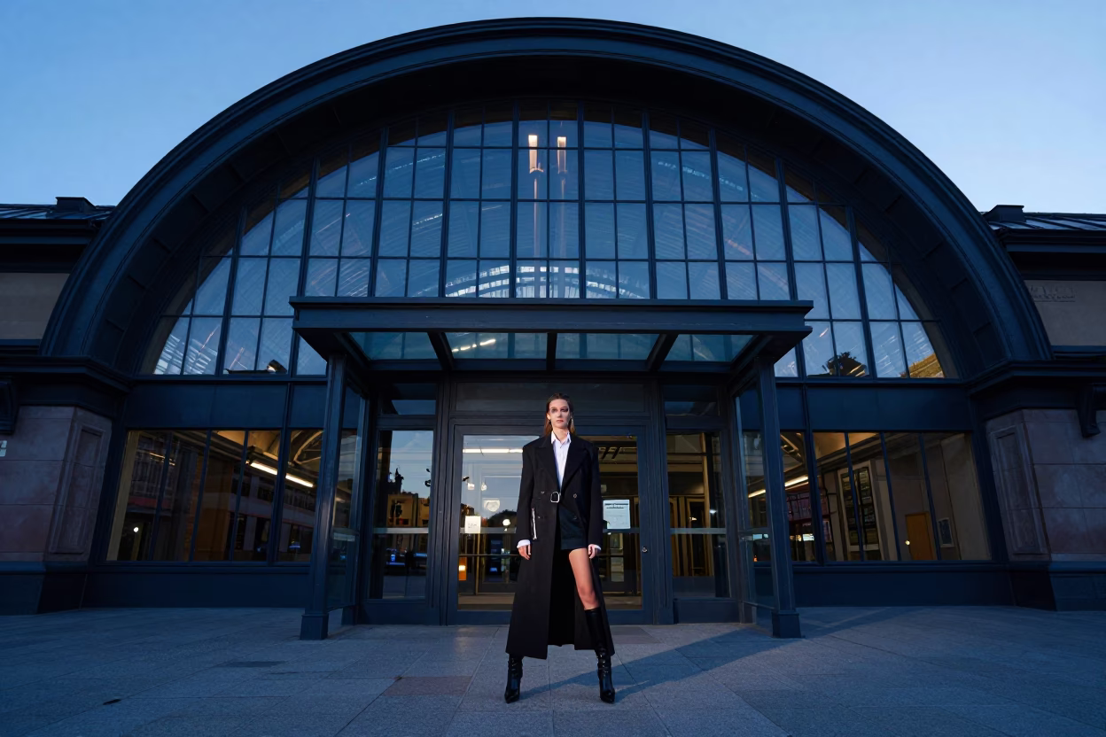 1980s Stockholm Sunrise Fashion Portrait Near Central Station Glass Steel Architecture in in Stockholm, Sweden