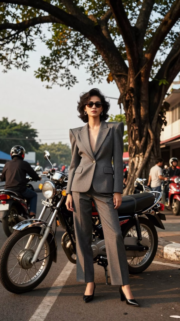 1980s Surabaya Street Fashion Portrait with Motorcycle and Banyan Grove in in Surabaya, Indonesia