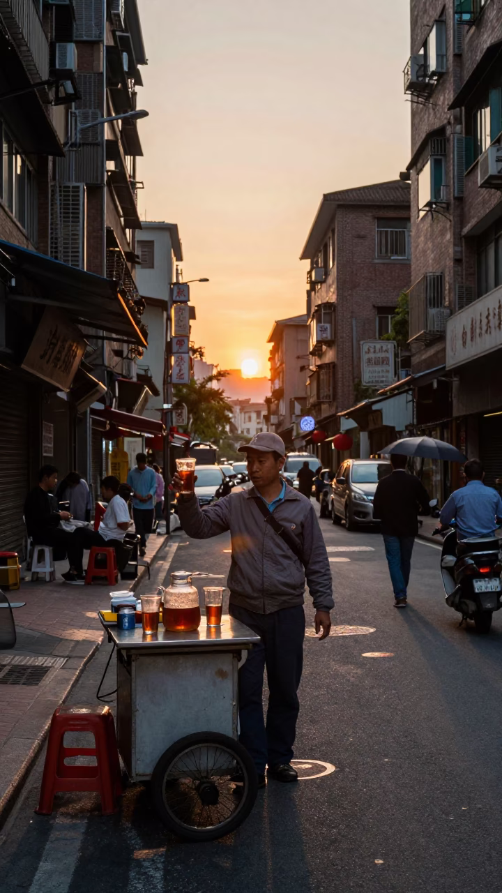 1980s Taipei Street Vendor Serving Hot Tea with Glass Pitcher at Sunset in in Taipei, Taiwan