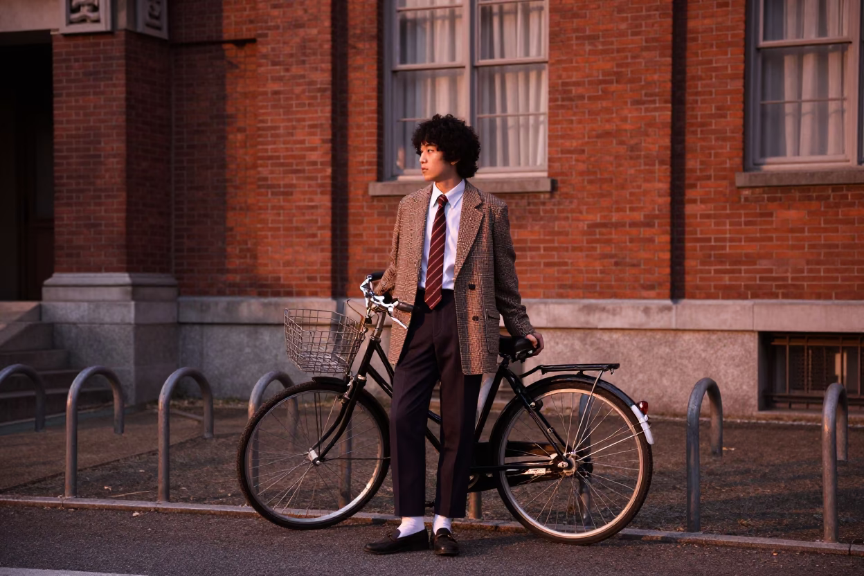 1980s Tokyo Fashion Portrait Outside Red Brick Lecture Building in Copper Dusk Light in in Tokyo, Japan