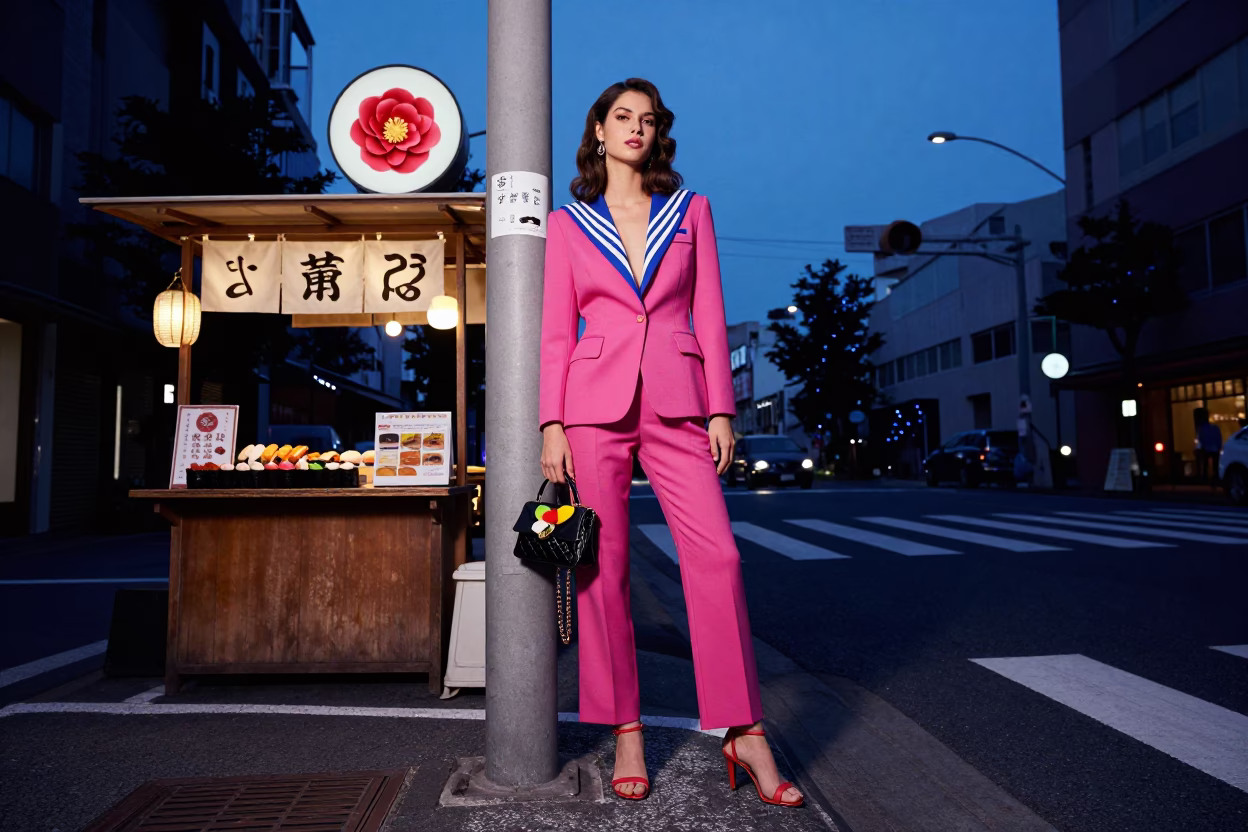 1980s Tokyo Nautical Dawn Street Fashion Camellia and Sushi Counter in in Tokyo, Japan