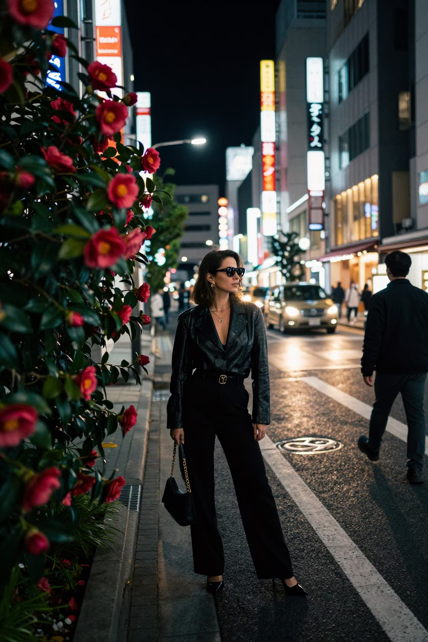 1980s Tokyo Night Street Scene with Camellia Flowers and Urban Neon in in Tokyo, Japan