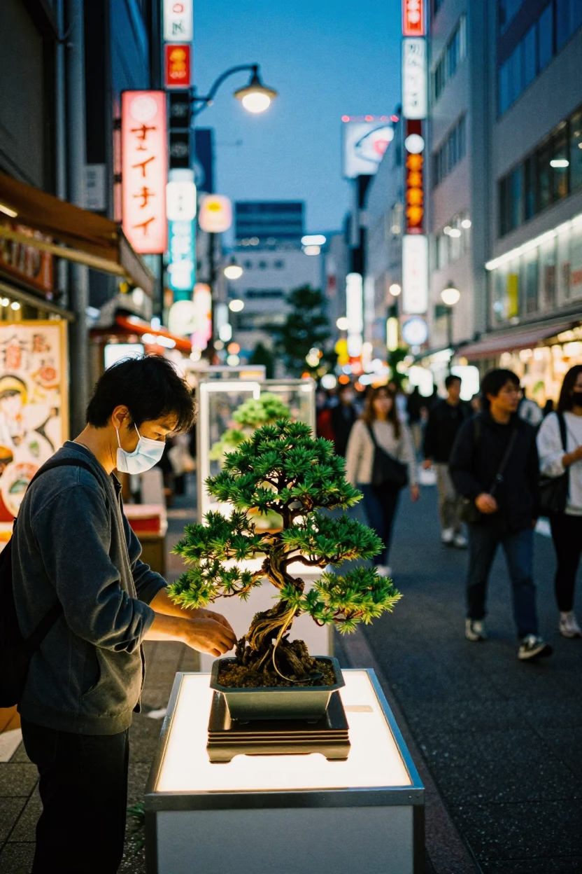 1980s Tokyo Street Fashion Neon Nightlife with Bonsai and Metronome in in Tokyo, Japan