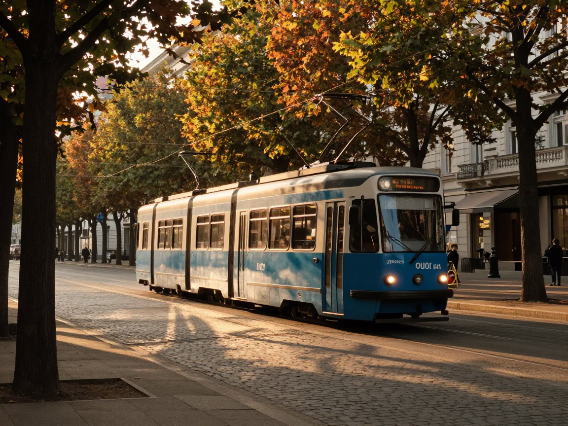 1980s Tram in Vienna at Honeyed Evening Light in in Vienna, Austria