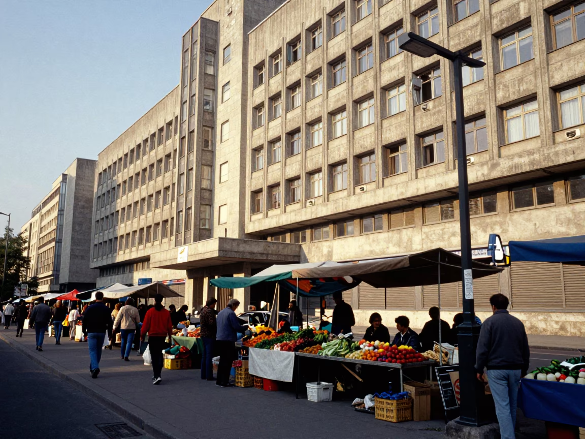 1990s Budapest Street Scene with Brutalist Architecture and Local Market Activity in in Budapest, Hungary