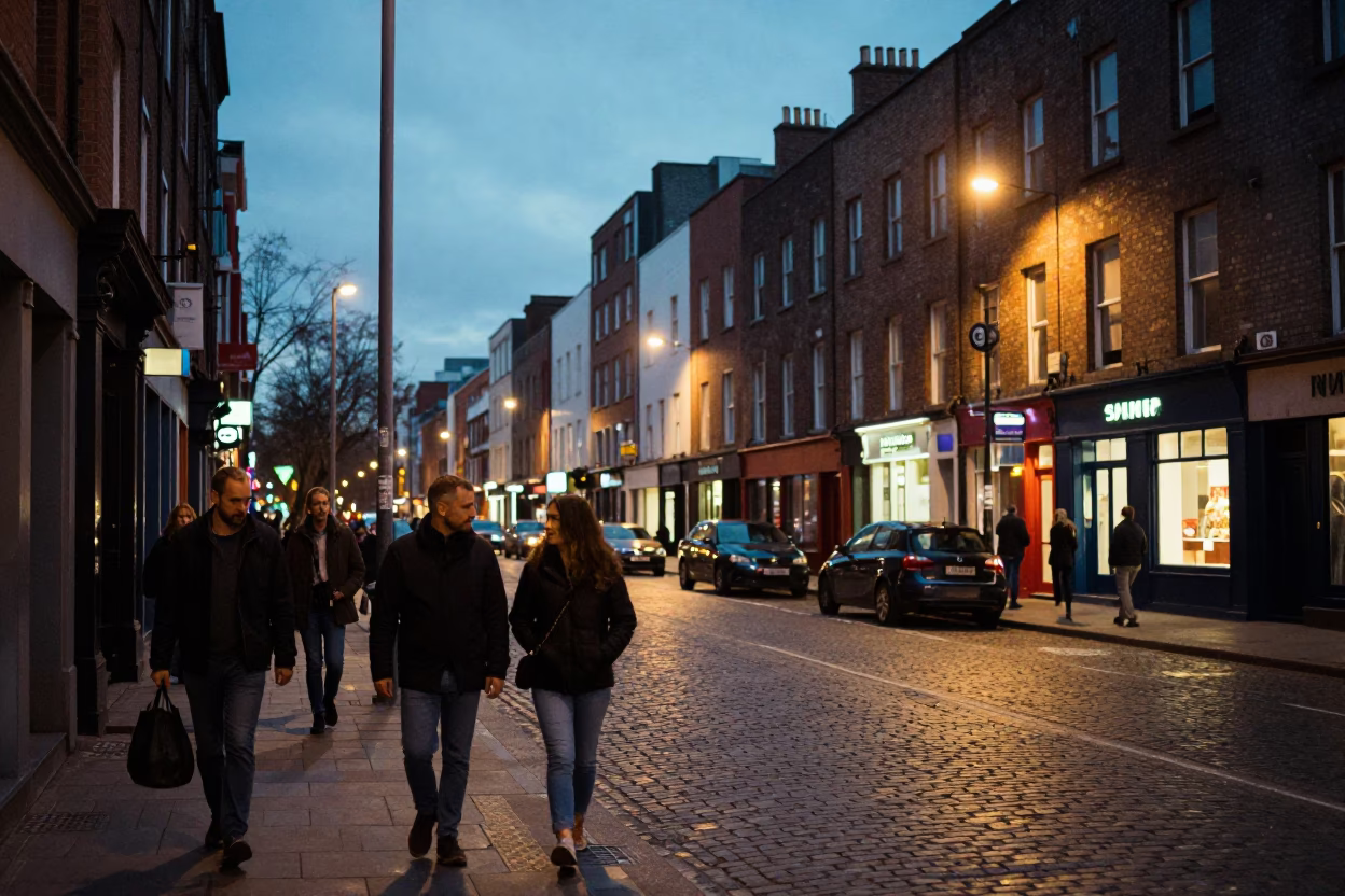 1990s Dublin evening street scene with glowing city lights and candid local moment in in Dublin, Ireland