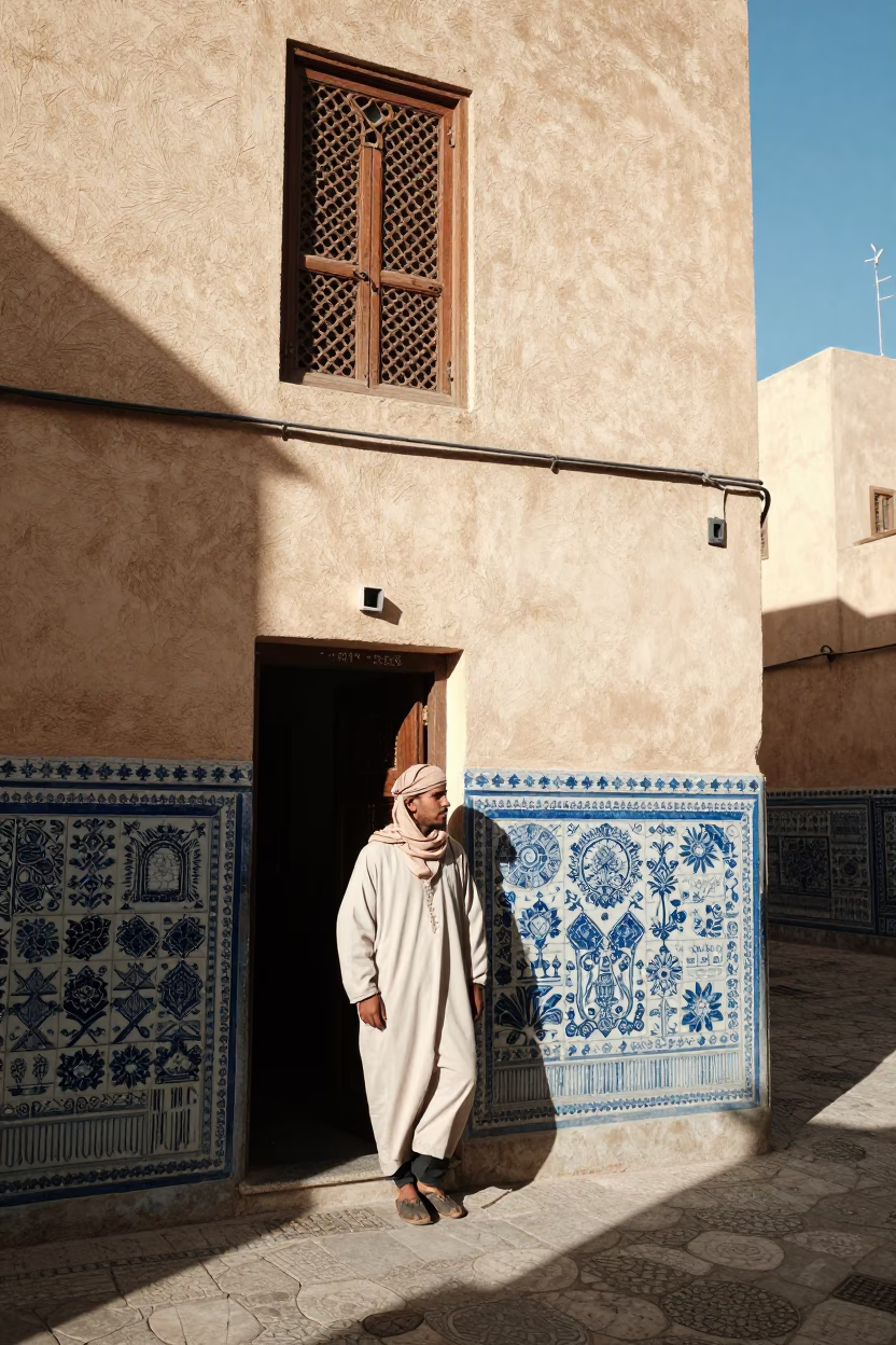 1990s Fez street corner with blue and white porcelain and ivy vines in in Fez, Morocco