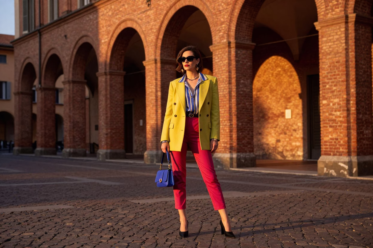 1990s High Fashion Street Style Portrait in Bologna Italy Evening Light in in Bologna, Italy