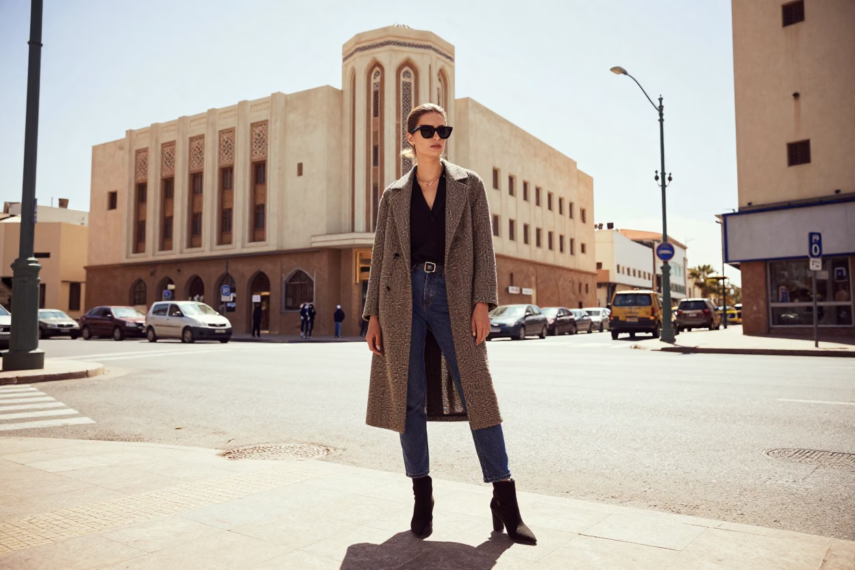 1990s High Fashion Street Style Portrait in Casablanca Morocco Bright Midmorning Light in in Casablanca, Morocco