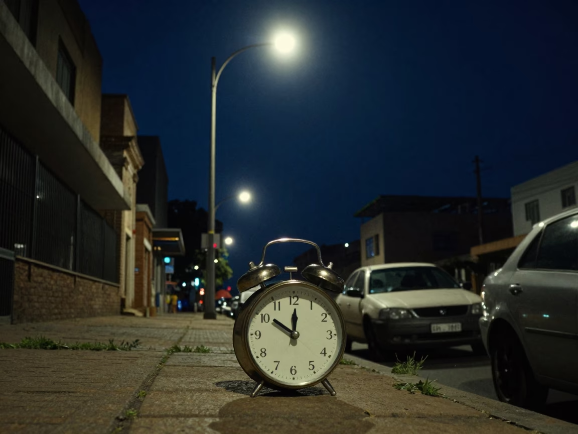 1990s Johannesburg Night Street Scene with Vintage Alarm Clock and Local Market Basket in in Johannesburg, South Africa