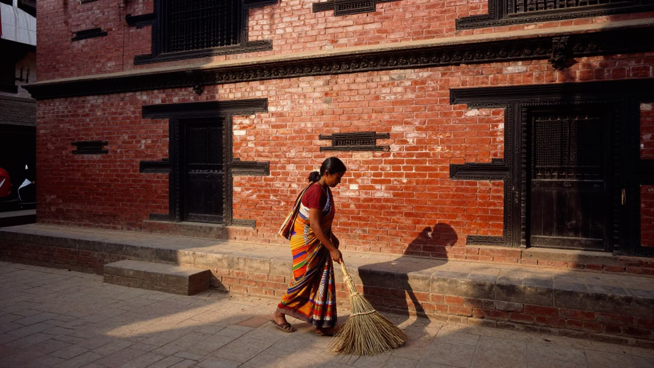 1990s Kathmandu Street Scene with Broom and Brick Architecture in in Kathmandu, Nepal