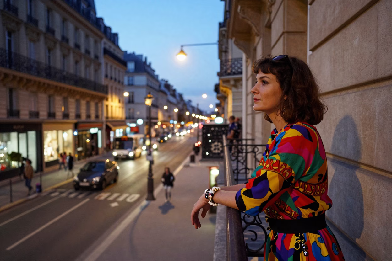 1990s Parisian Evening Street Scene with Charm Bracelet and City Lights in in Paris, France