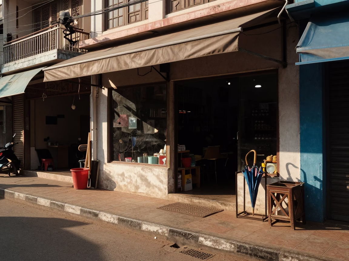 1990s Phnom Penh Street Scene with Umbrella Stand and Glass Basin in in Phnom Penh, Cambodia