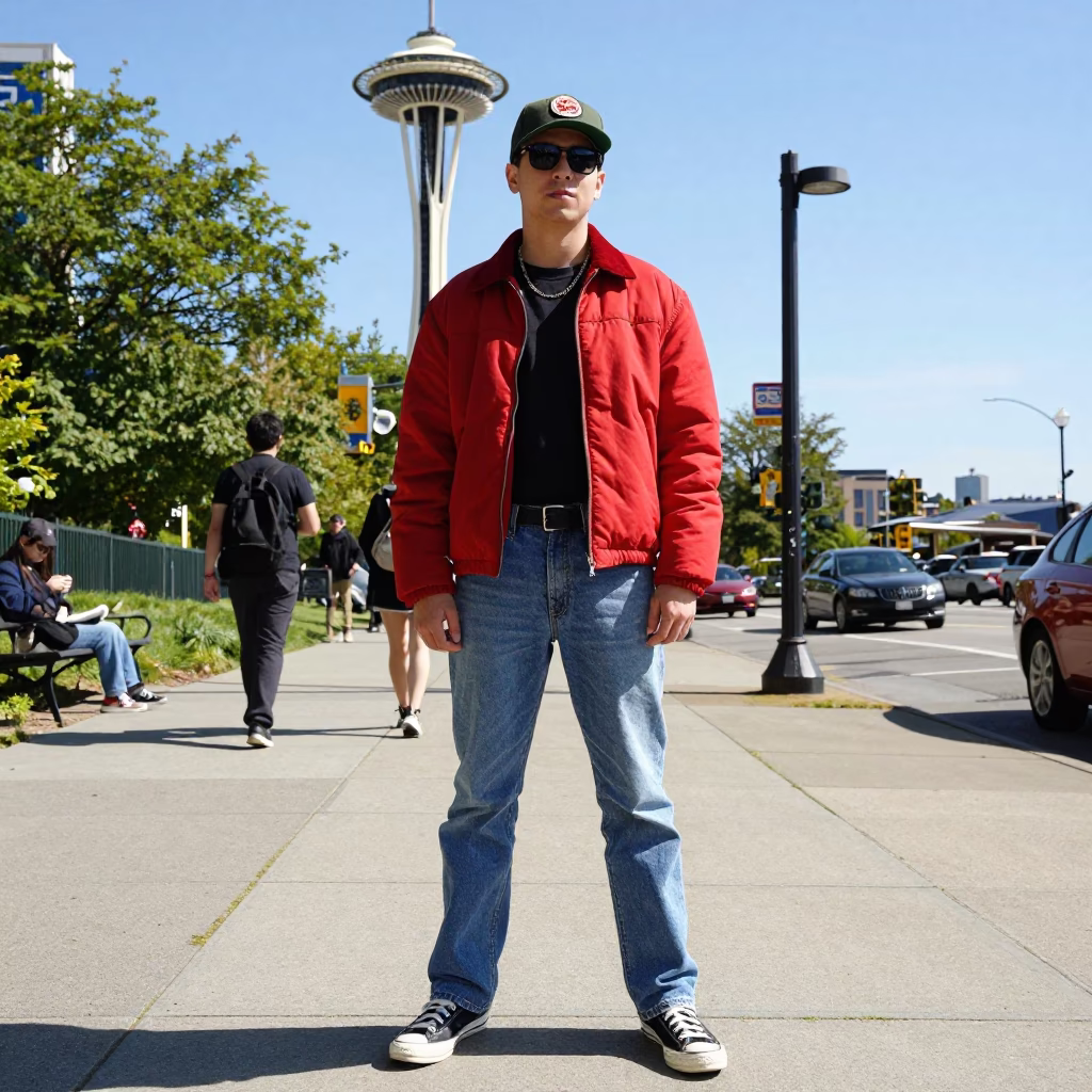 1990s Seattle Street Style Fashion Portrait Near Space Needle Under Flat Noon Light in in Seattle, Washington, United States
