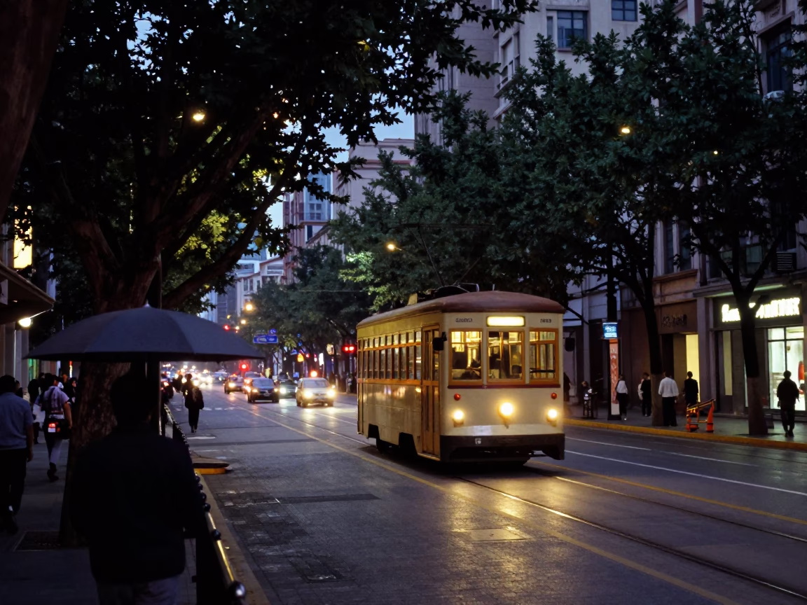 1990s Shanghai Evening Street Scene with Tramcar and Umbrella Stall in in Shanghai, China