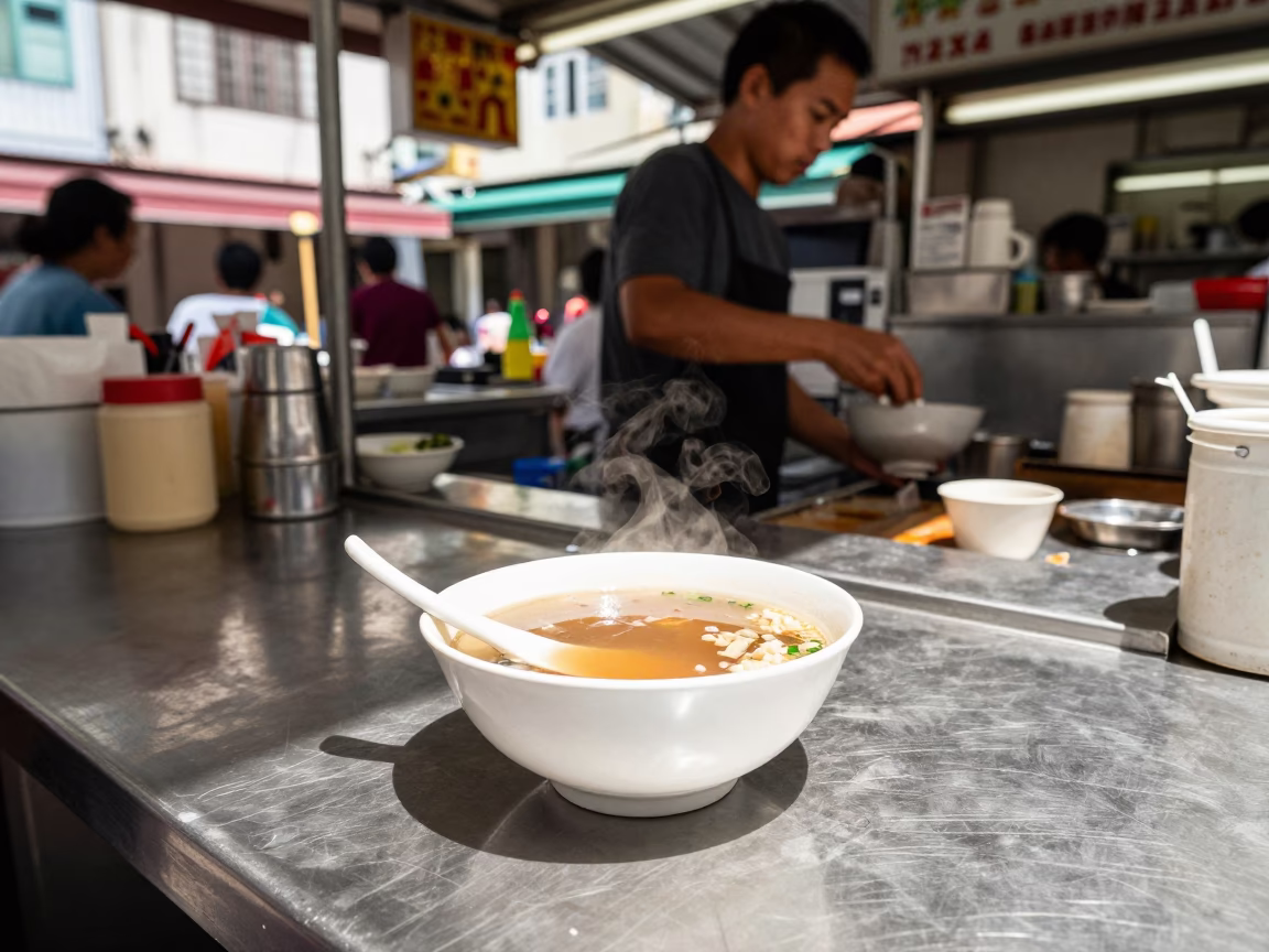 1990s Singapore Street Food Stall Midday Meal with Ceramic Bowl and Lemon in in Singapore, Singapore