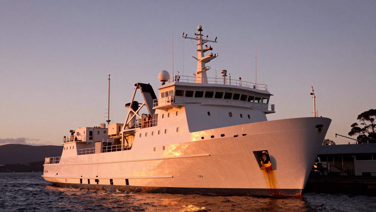 A-frame Stern in Hobart at Copper-toned Light Before Dusk in in Hobart, Tasmania, Australia