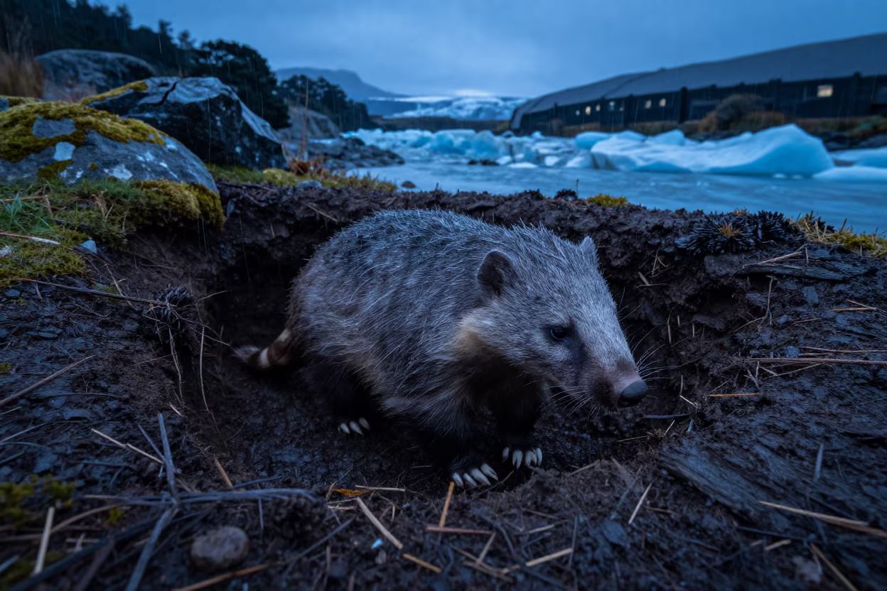 Aardvark Emerging from Burrow Dusk New Zealand in above a glacial stream in New Zealand