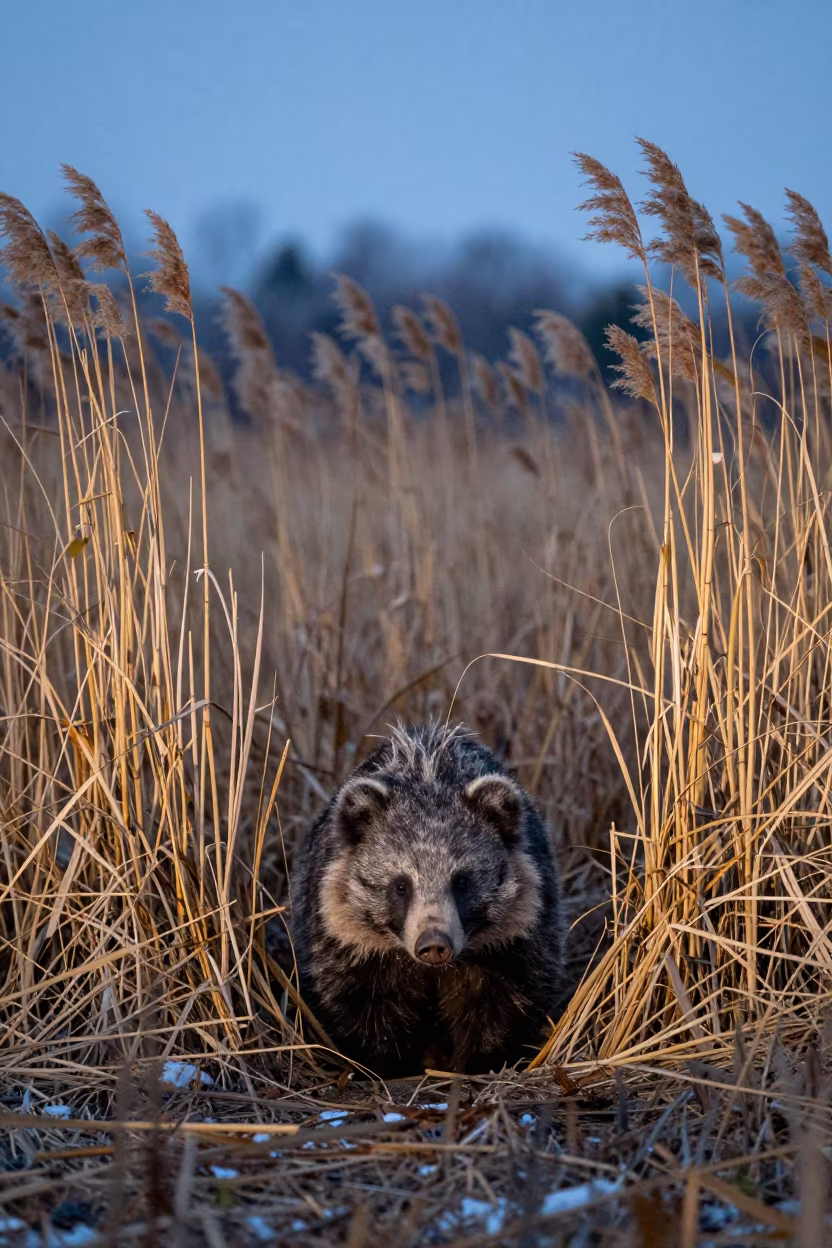 Aardvark Emerging from Burrow in Maine Autumn Twilight in at the edge of a reed bed in Maine