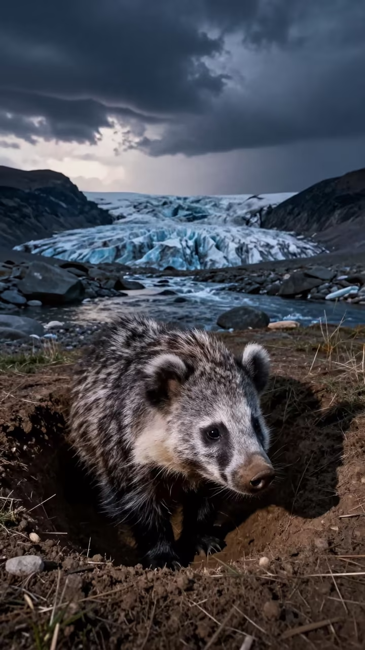 Aardvark emerging from burrow in Serbia in above a glacial stream in Serbia