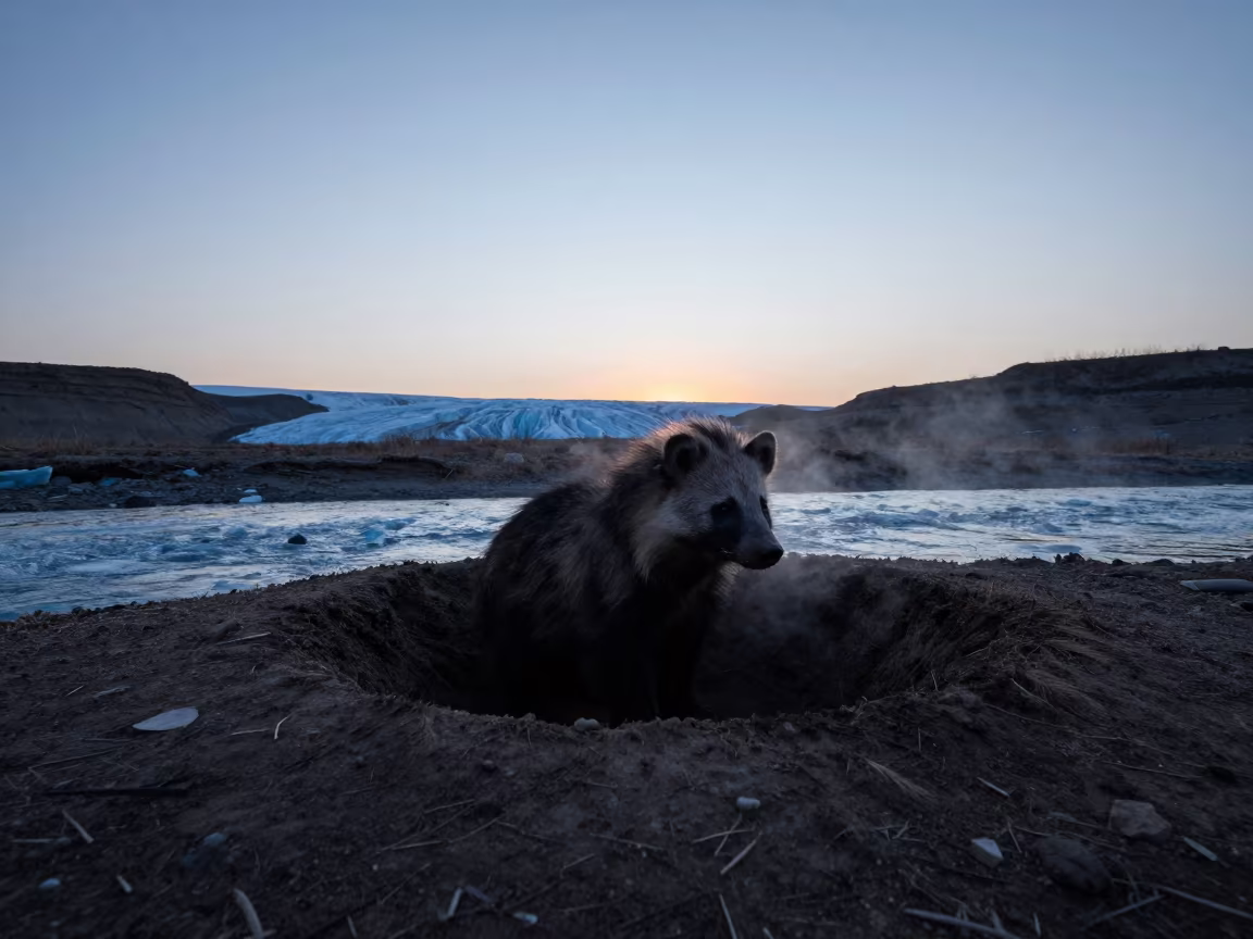 Aardvark Silhouette Emerging from Burrow at Dusk in above a glacial stream near Lahore