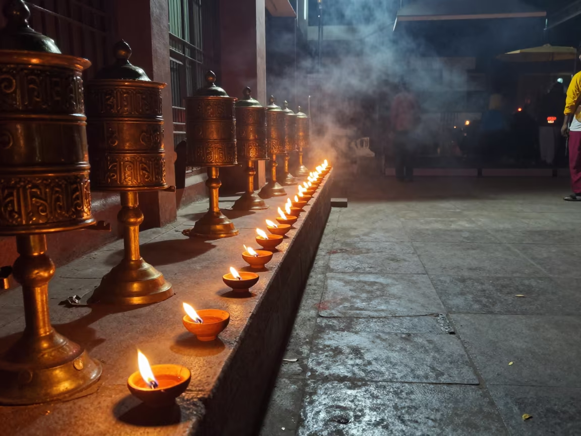 Aarti Ceremony Oil Lamps at Kolkata Ghat in beside a prayer wheel corridor in Kolkata
