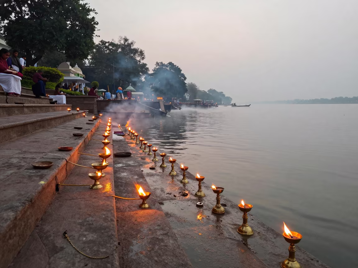 Aarti Lamps Reflected in Ganges Dawn in in a cloister garden in India