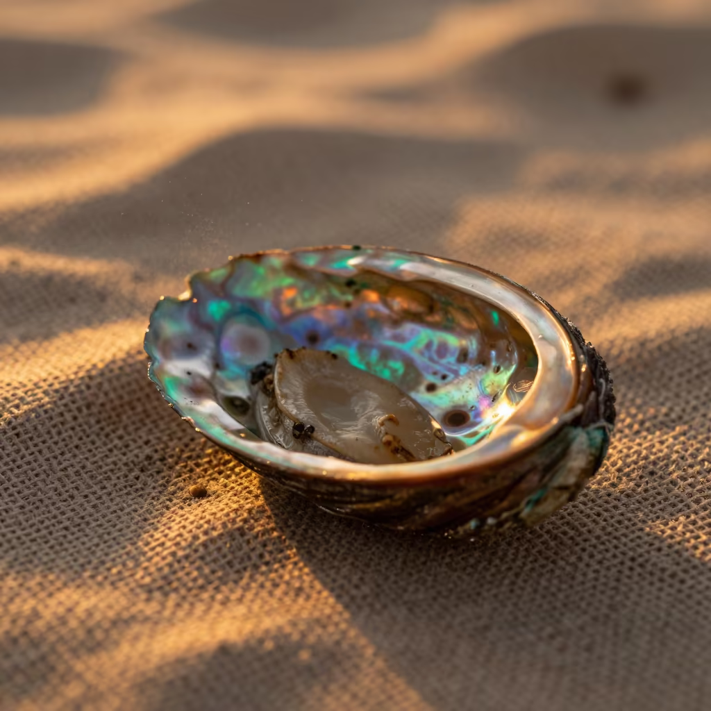 Abalone Shell Interior Near Kanchipuram Linen in against woven linen fibers near Kanchipuram