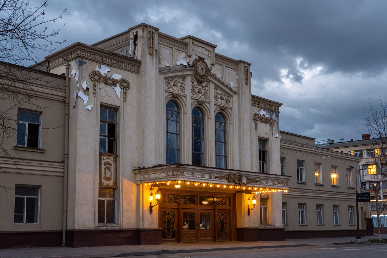 Abandoned Art Deco Cinema in Karaganda Shrine in in a shrine lined with lanterns in Karaganda