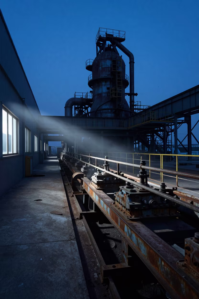 Abandoned Auto Plant Assembly Line at Twilight in beside a blast furnace near Leeds
