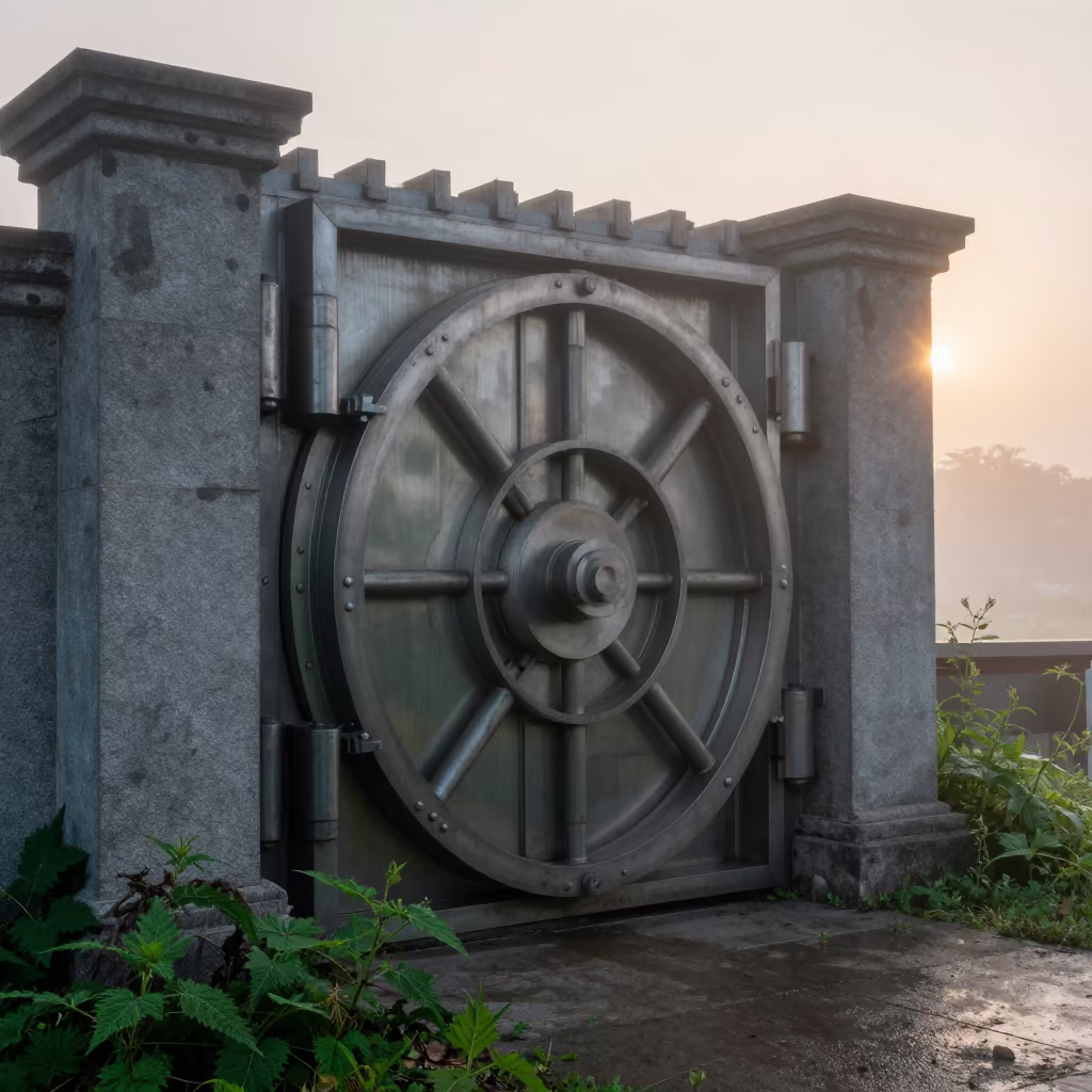 Abandoned Bank Vault Open in Misty Galle Ruins in among toppled columns and nettles near Galle