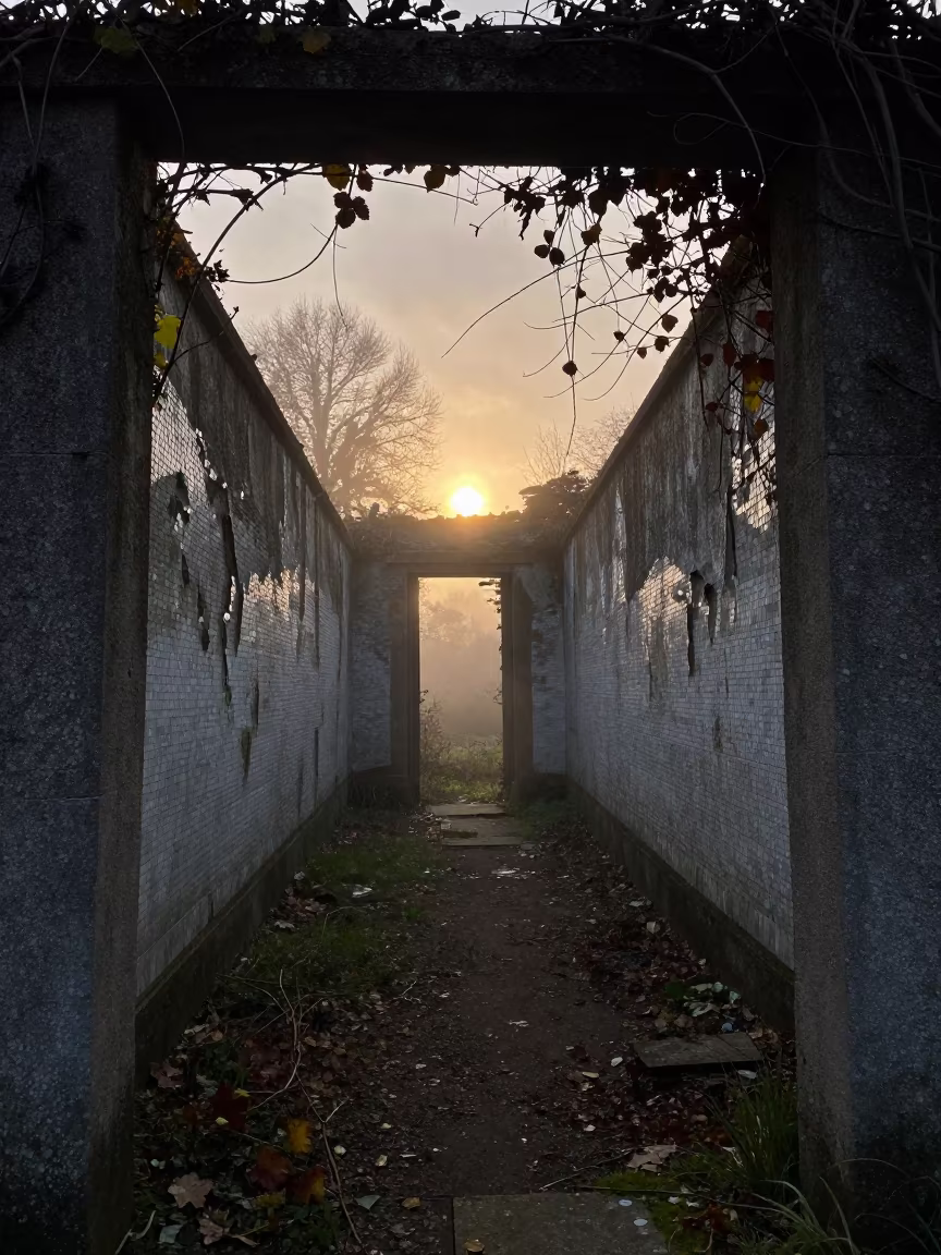 Abandoned Bathhouse Mosaic Cornish Ruin in along a vine-choked corridor in Cornwall