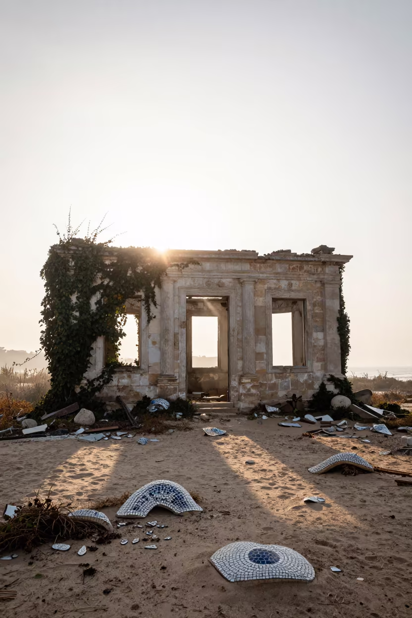 Abandoned Bathhouse Mosaic Ruins in Autumn Fog in beside ivy-draped masonry near Bizerte