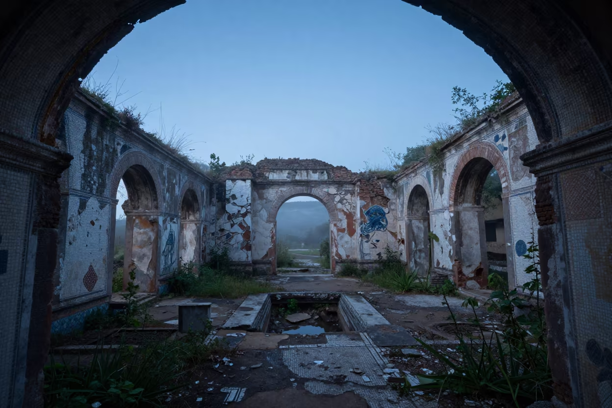 Abandoned Bathhouse Mosaic Ruins Evening Fog in among collapsed cloisters in Campania