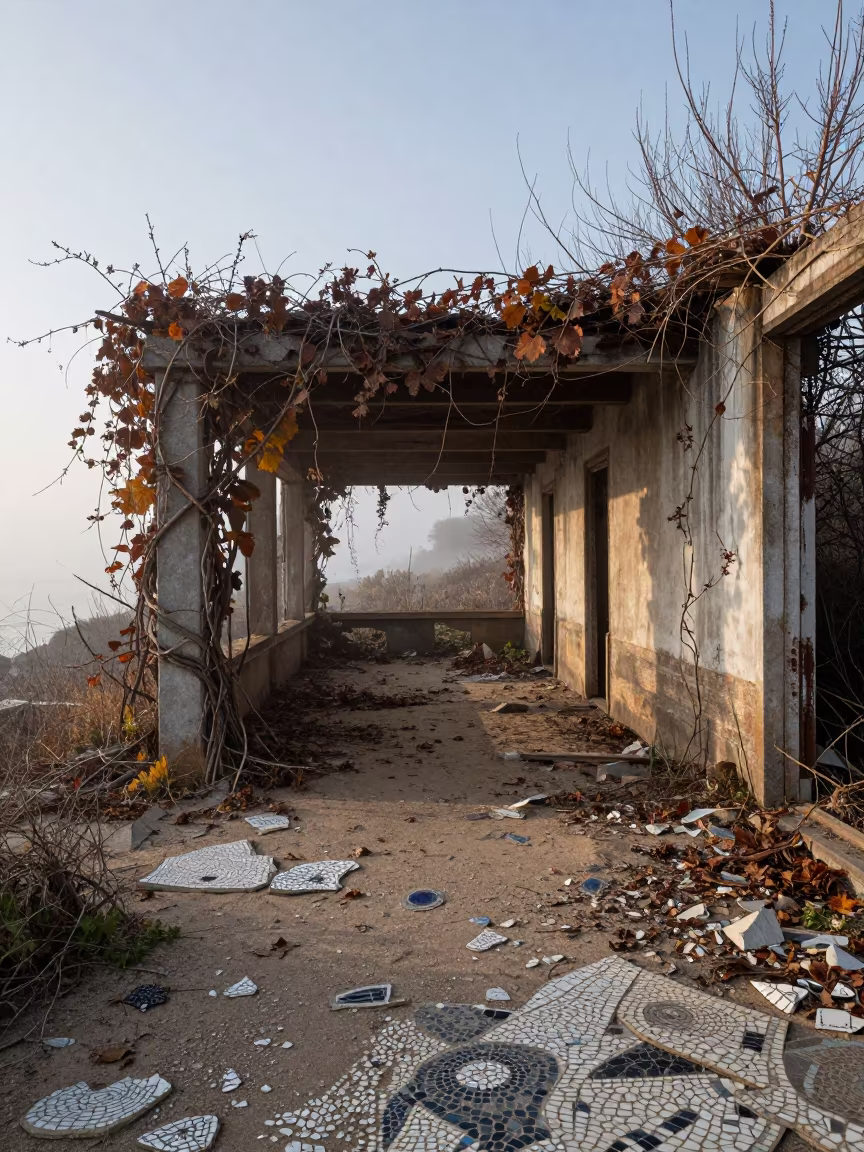 Abandoned Bathhouse Ruins in Winter Fog in along a vine-choked corridor near Barcelona