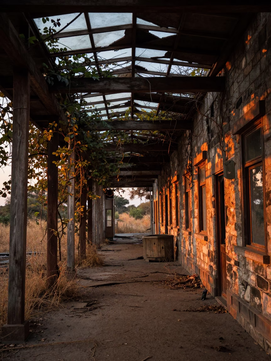 Abandoned Botswana Station Broken Skylight Evening in along a vine-choked corridor in Botswana