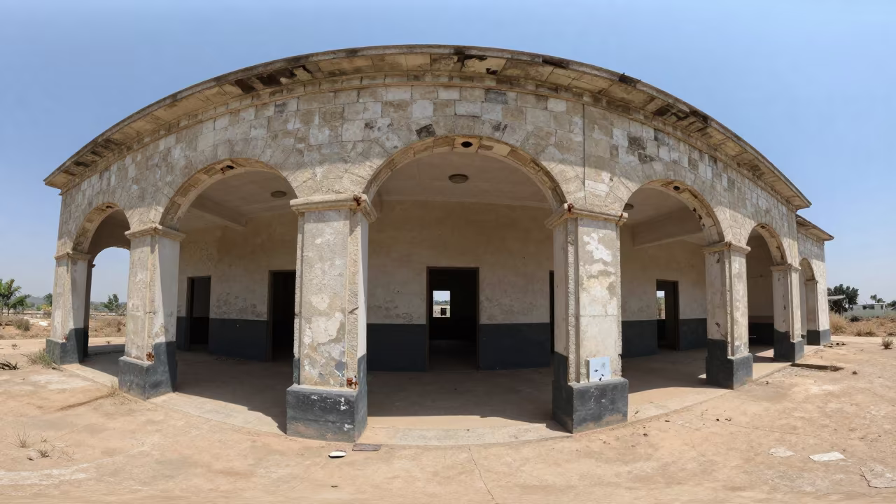 Abandoned Burundi Police Station Under Stone Arch in beneath a broken stone arch in Burundi