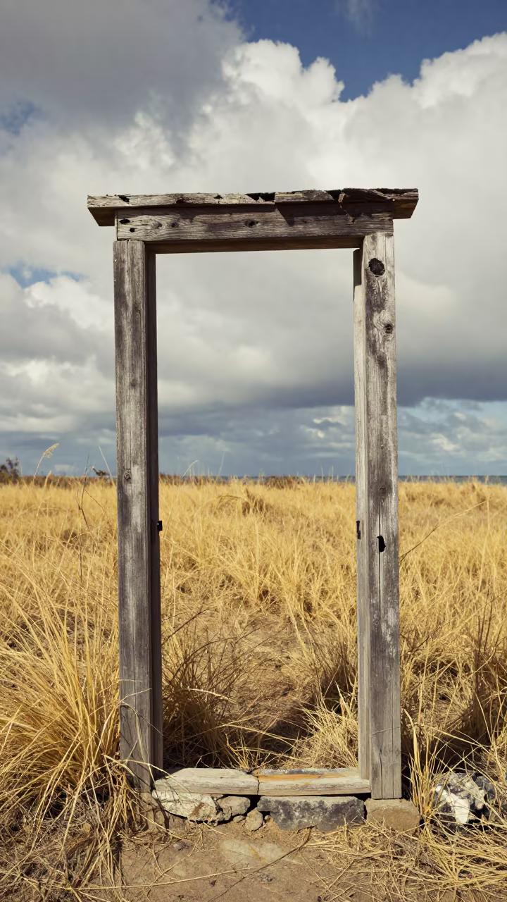 Abandoned Cabin Door Frame in Dry Grassy Courtyard in through a courtyard reclaimed by grasses near Lae