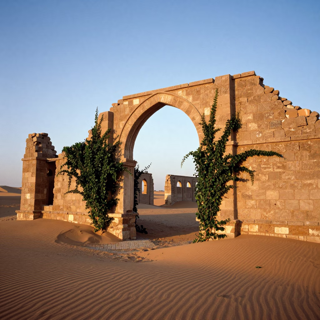 Abandoned Caravanserai Ruins at Sunset in beside ivy-draped masonry near Jeddah