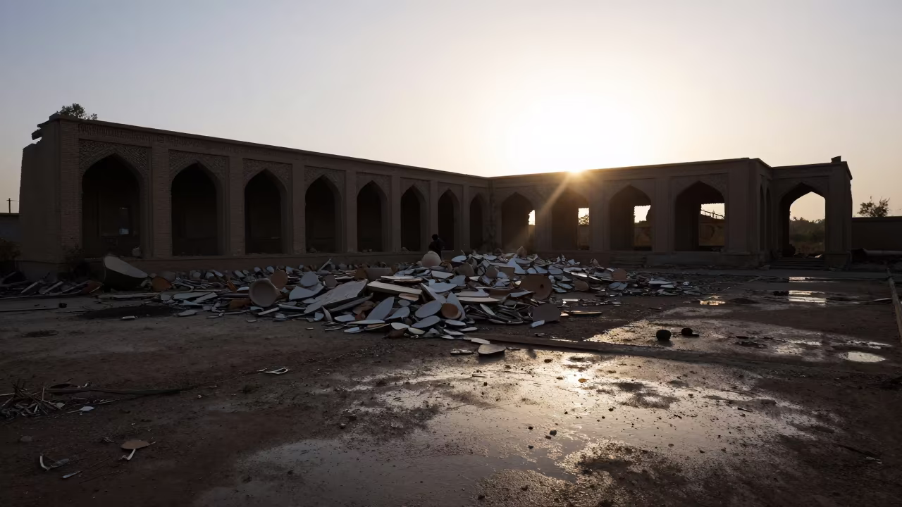 Silhouetted Ruins of Abandoned Ceramics Factory in among collapsed cloisters near Mashhad