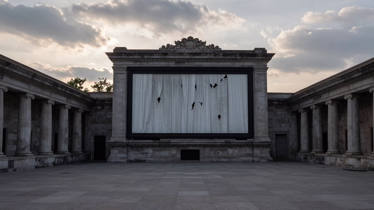 Abandoned Cinema Screen in Temple Courtyard in in a temple courtyard in New York