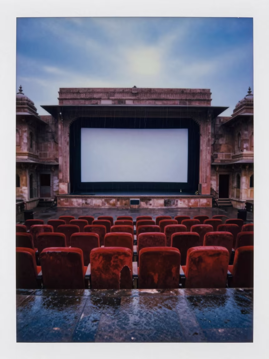 Abandoned Cinema Seats Temple Ahmedabad in in a temple courtyard in Ahmedabad