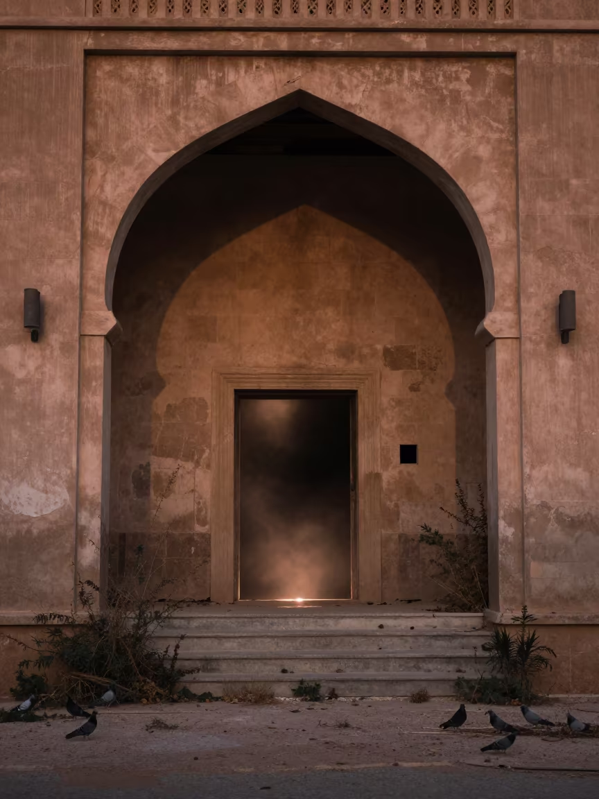 Abandoned Cinema Under Stone Arch in Oman in beneath a broken stone arch in Oman