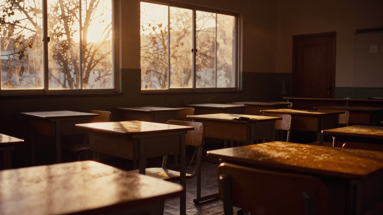 Abandoned Classroom Under Amber Winter Sunset in inside a quiet classroom near São Paulo