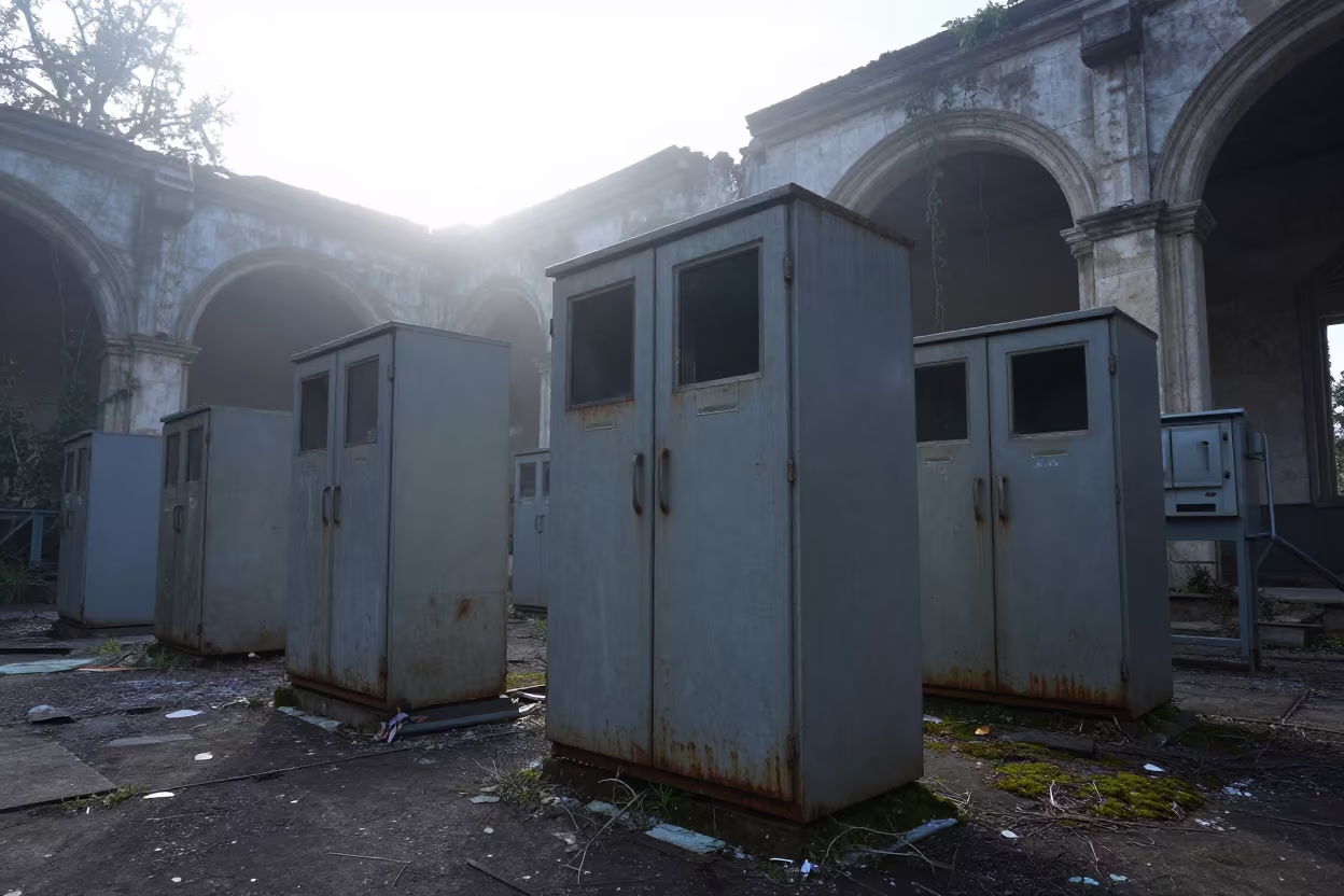 Abandoned Computer Cabinets in Ruined Cloisters in among collapsed cloisters near Bilaspur